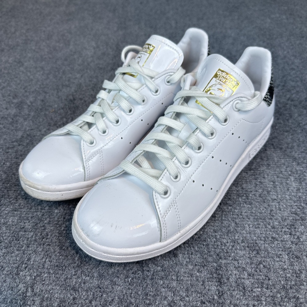 Adidas Women's 9.5 Endorsed By Stan Smith White Snake Print Gold Trim‎ Shoes EUC